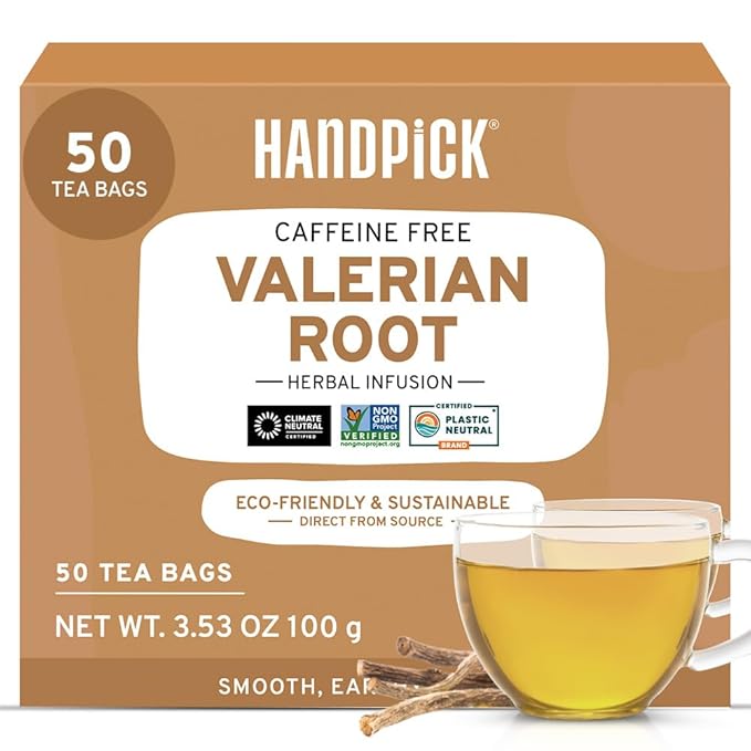 HANDPICK, Valerian Root Tea Bags (Valeriana) 50 Count | Non-GMO, Caffeine Free, Real Ingredients | Earthy/Woody Herbal Tea Bags | Round Eco-conscious Tea Bags