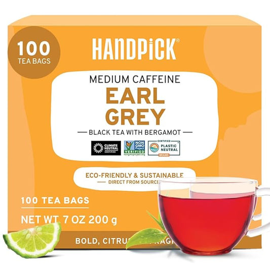 HANDPICK, Earl Grey Black Tea Bags (100 Count) Double Bergamot Oil | Caffeinated, Earl Grey Tea Bags | Flavoured With Citrus and Bergamot Brew Hot/Iced Tea with or without milk