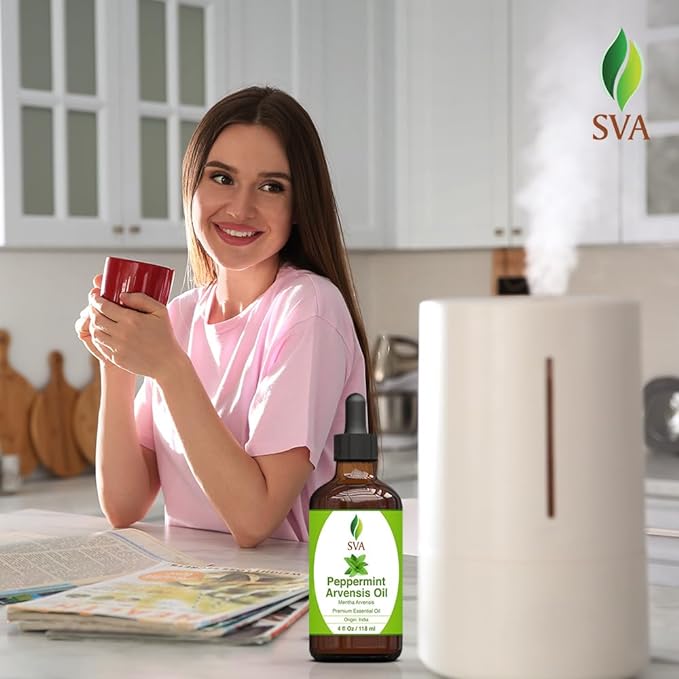 SVA Peppermint Essential Oil – 4 Fl Oz – 100% Natural Peppermint Oil - for Diffuser, Hair Care, Face, Skin Care, Aromatherapy, Scalp and Body Massage, Soap and Candle Making - with Dropper