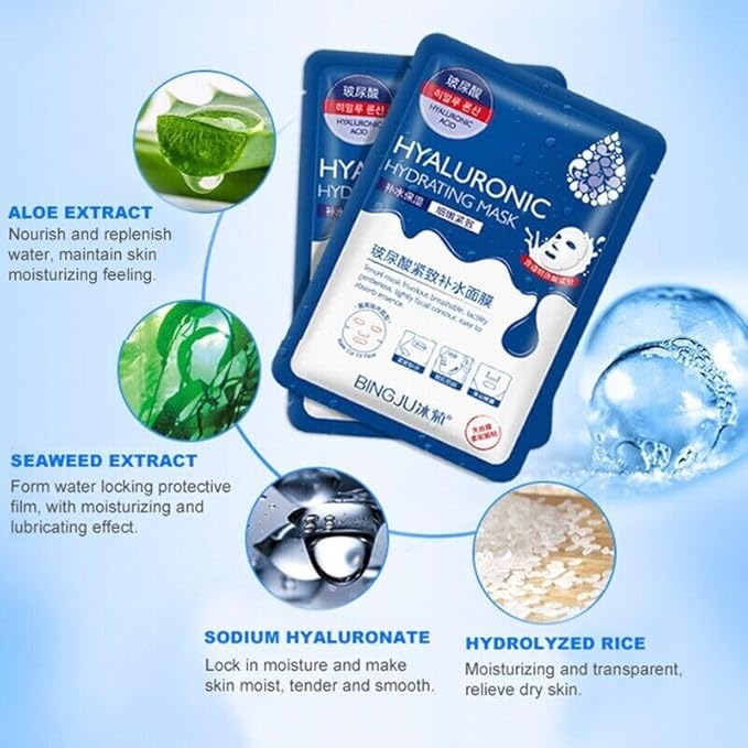 Hyaluronic Acid Face Mask – 10 Masks with Aloe & Seaweed Extracts, Face Mask for Anti-Aging, Soothing & Deep Moisturization, Korean Skin Care, For All Skin Types (25g)