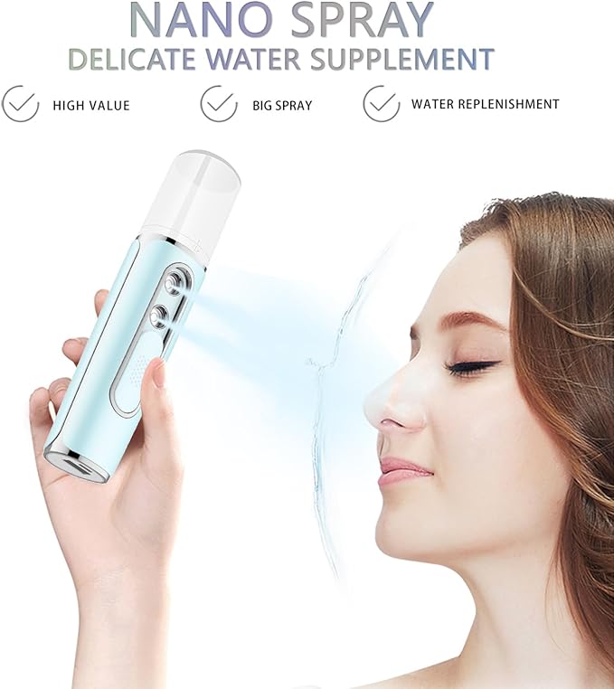 Nano Facial Mister, Cool Mist Face Steamer with 2 Spray Nozzle, USB Rechargeable, Visual Water Tank, Nano Mister for Eyelash Extensions, Skin Care, Daily Makeup, Deep Hydrating-Blue