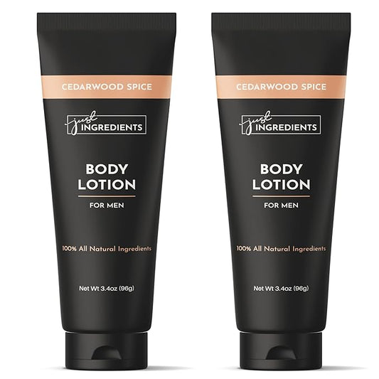 JUST INGREDIENTS Cedarwood Spice Body Lotion | 3.4 oz | 2 Pack | Hydrating Skin Care with Coconut Oil, Essential Oils, Jojoba Oil, Shea Butter | Non-Greasy Moisturizer for Men