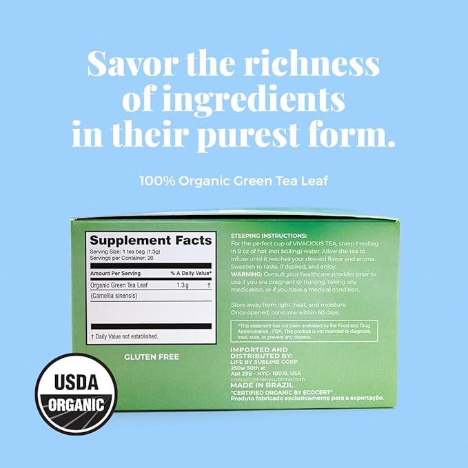 Life by Sublime - Vivacious USDA Organic Green Tea, 20 Tea Bags, Caffeinated, Antioxidant-Rich, Supports Skin Health and Immune System, Less Bitter, Premium Brazilian Harvest