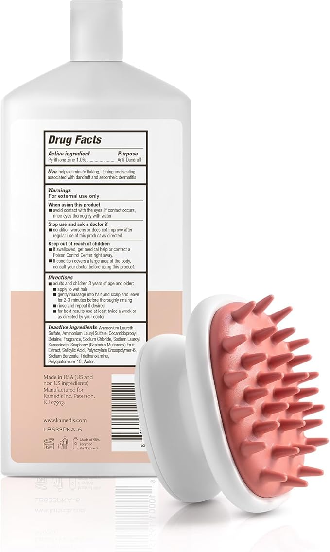 KAMEDIS Scalp Care Set: Clinically Proven Anti Dandruff Shampoo 16.9 Fl.Oz. & Scalp Massager Hair Brush. Gentle Scalp Scrubber Exfoliator and Dandruff Treatment, Suitable for Men & Women