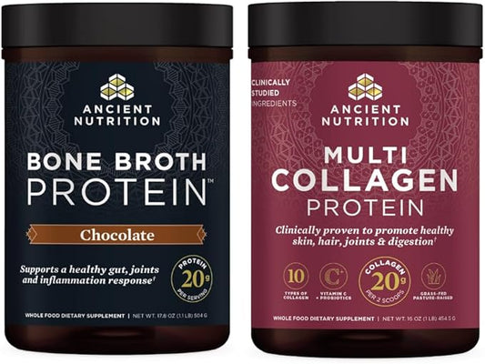 Ancient Nutrition Multi Collagen Protein Powder, Unflavored, 45 Servings + Bone Broth Protein Powder, Chocolate, 20 Servings