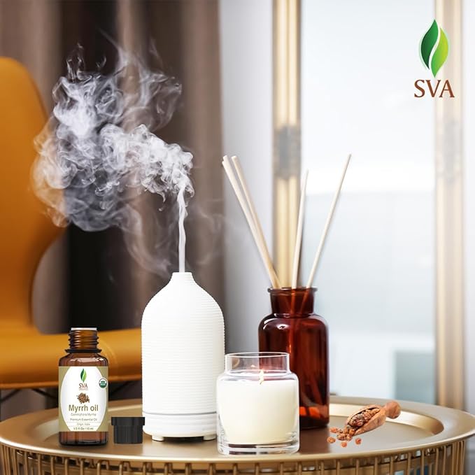 SVA Myrrh Essential Oil Organic – 1/3 Fl Oz – 100% Natural Organic Myrrh Oil - for Diffuser, Hair Care, Face, Skin Care, Aromatherapy, Scalp and Body Massage, Soap and Candle Making