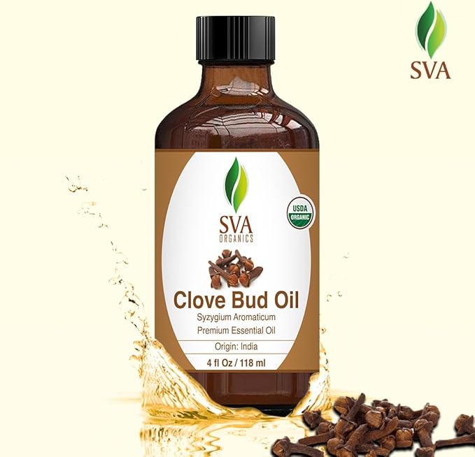 SVA Clove Essential Oil Organic – 4 Fl Oz – 100% Natural Organic Clove Oil - for Diffuser, Hair Care, Face, Skin Care, Aromatherapy, Scalp and Body Massage, Soap and Candle Making - with Dropper