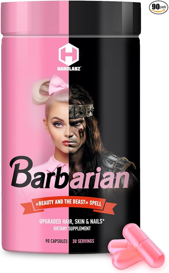 Barbarian – Extra Strength Unisex Collagen Peptides for Healthy Hair, Skin, Nails; Joints and Bones Support; Upgraded with Hyaluronic Acid, Biotin, Chondroitin and Vitamin C, 90 Capsules