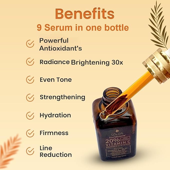 Antioxidants rich 20% Vitamin C Serum for Face with Glycolic Acid and Hyaluronic Acid -RED light therapy serum Boosts Collagen production, Fades Dark Spots, ANTI-AGING, nighttime use (9 serum in 1)