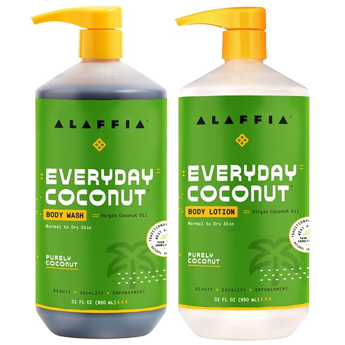 Alaffia Coconut & Coffee Berry Purely Coconut Value Set: Body Wash & Body Lotion, 32 Fl Oz each