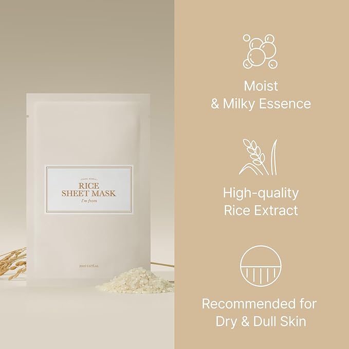 I'm from Rice Sheet Mask Pack of 5, Korean Rice Face Mask, Creamy Hydration for Dry, Combination Skin, Moist, Milky Essence, Biodegradable, Vegan, Hypoallergenic, 20ml