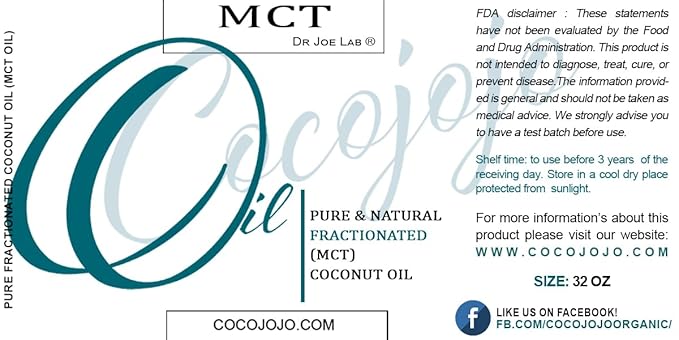Dr Joe Lab MCT Oil - Pure, Fractionated Coconut Oil, Non GMO, Medium Chain Triglycerides, Vegan, Bulk Carrier Oil - 32 oz - for Skin, Hair, Nails, Body, Facial Hair