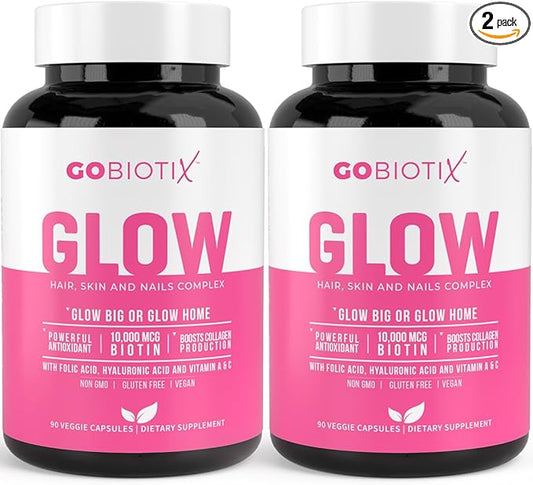 GOBIOTIX Hair Skin and Nails Vitamin Supplement - Biotin Pills with Hyaluronic Acid, Folate, Iron, Magnesium, and Zinc - Collagen Production, Hair Growth (2 Pack)