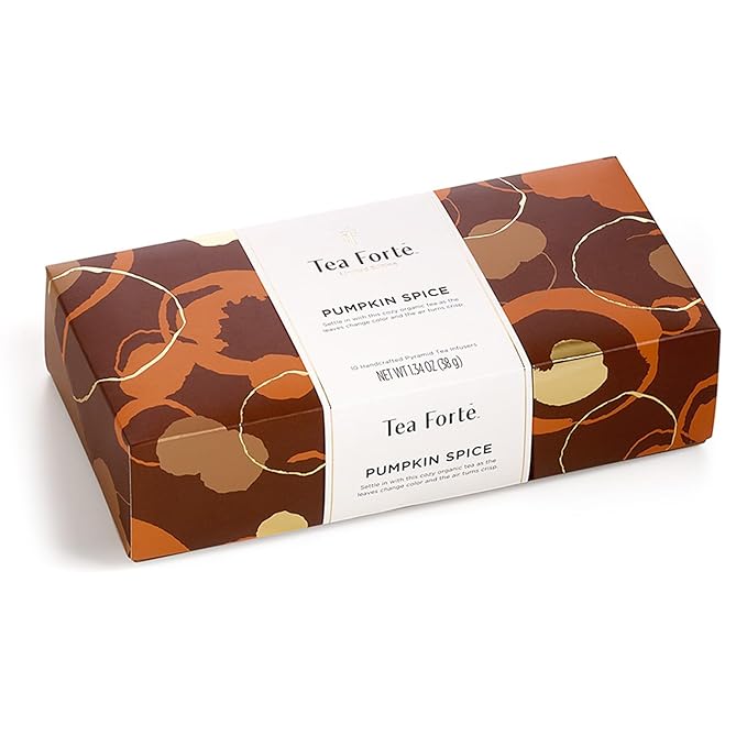 Tea Forte Pumpkin Spice Black Tea Petite Presentation Box Mother's Day Tea Gift Set Sampler, 10 Individually Wrapped Handcrafted Pyramid Infuser Bags