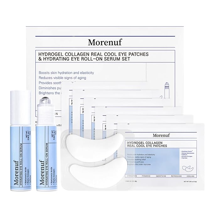 Hydrogel Collagen Real Cool 6 Pairs of Eye Patches & Hydrating Roll-On Serum Set for Dark Circles and Puffiness - Hyaluronic Acid and Caffeine Eye Serum Korean
