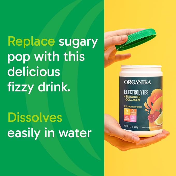 Organikа Electrolytes with Enhanced Collagen Powder for Women & Men - 360g - Zesty Lemon Berry-Flavored Effervescent Electrolyte & Collagen Drink Mix - Deep Hydration, Mobility, Skin, Hair, & Nails