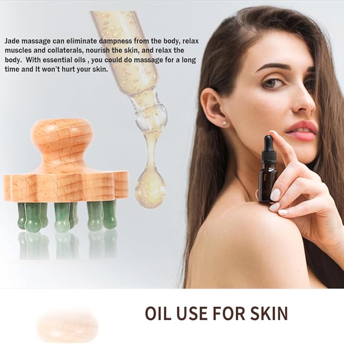 Natual Jade Massage Head, with Wooden Hander Comb,for Scalp Massager, Head Ficial, Body Acupressure Tool,gua sha Scraping, Relieve Fatigue,Stress Relax Device,for Hair Growth (Green)