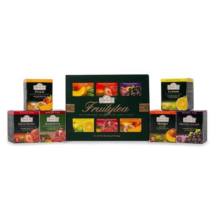 Ahmad Tea Black & Green Tea, Fruitytea Assorted Sampler Variety Gift Box, 60 Foil Teabags - Caffeinated & Sugar-Free