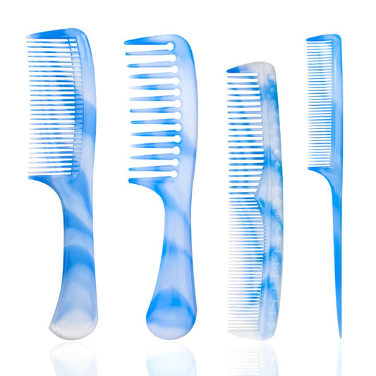 Hair Combs Set: Blue Fine-Tooth, Wide-Tooth, Rat Tail, and Dual-Purpose Comb for Men and Women - Ideal for Detangling and Styling Curls