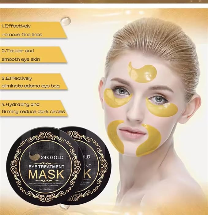 24K Gold Under Eye Treatment Mask, Dark Circle and Anti-Wrinkle, Hydrating eye mask, Puffiness & Eye Care, Collagen,Hyaluronic Acid & Castor Oil, 60 Pieces (Black 24K)