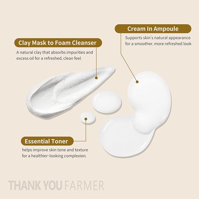 THANKYOU FARMER Rice Pure Glow Travel Kit, Mini Size Cleanser(1.05 fl oz), Mini Size Toner(1.05 fl oz), Mini Size Ampoule(0.35 fl oz)