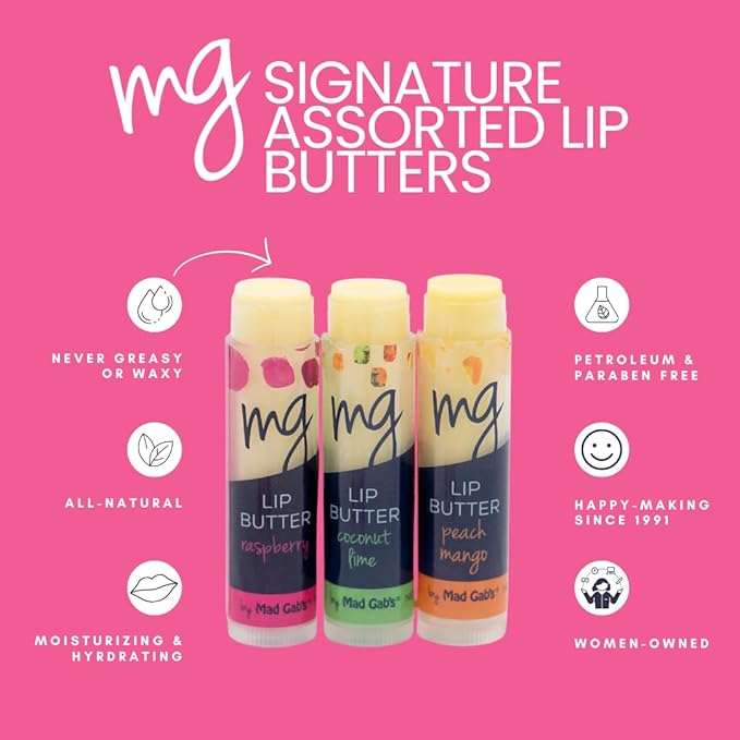 Mad Gab's MG Signature Coconut Lime, Rapsberry, Peach Mango Lip Butter (3 Pack) | Natural & Organic | Hydrating, Shea Butter