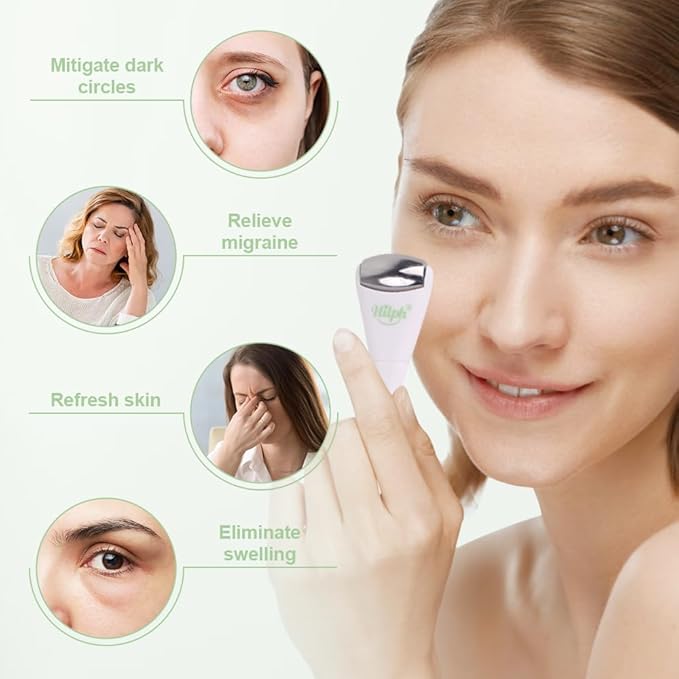 Hilph Mini Ice Roller for Face & Eyes, Face Eye Massager Roller Set with Stainless Steel and Silicone Head for Puffiness Relief, Massage Apparatus Metal Facial Ice Roller for Puffy Eyes (White)