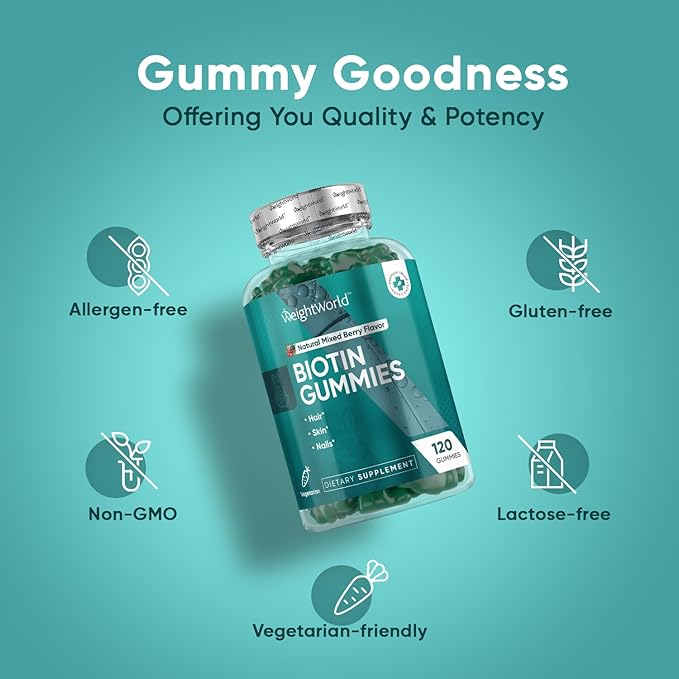 maxmedix Biotin Gummies 5000mcg 120 Hair Nails and Skin Vitamins Gummies – Natural Berry Flavour Vitamin B7 Gummies