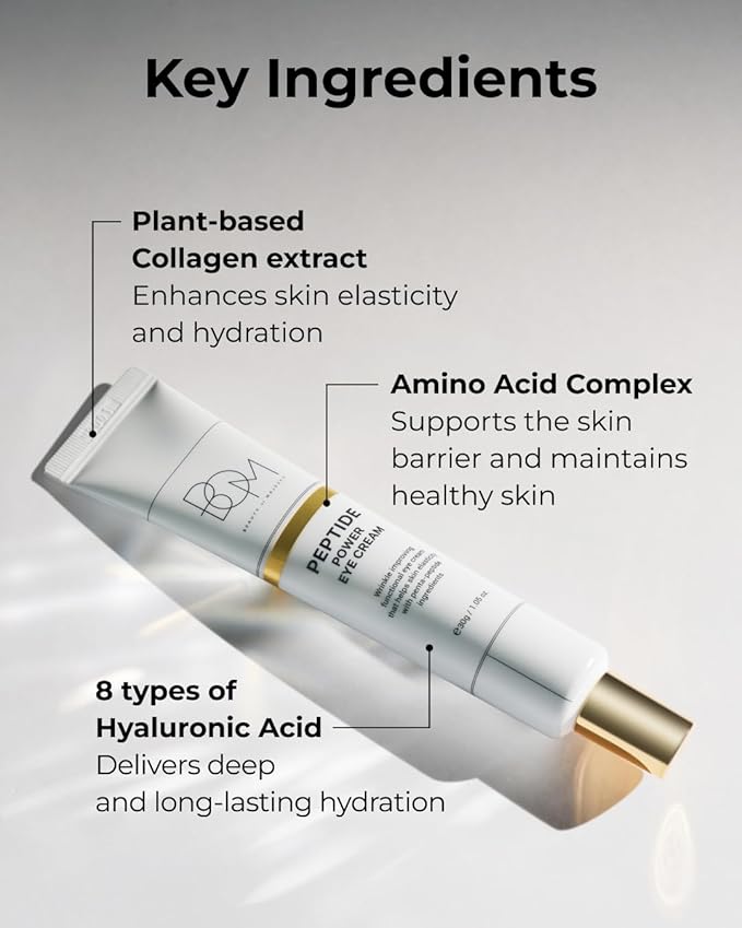 bom COSMETICS Peptide Power Eye Cream 1.05 Fl Oz, Penta-Peptide and 99% Pure Gold Lightweight Eye Cream for Skin Collagen Boost to Reduces Fine Lines, Wrinkles, Enhances Elasticity, Korean Skin Care