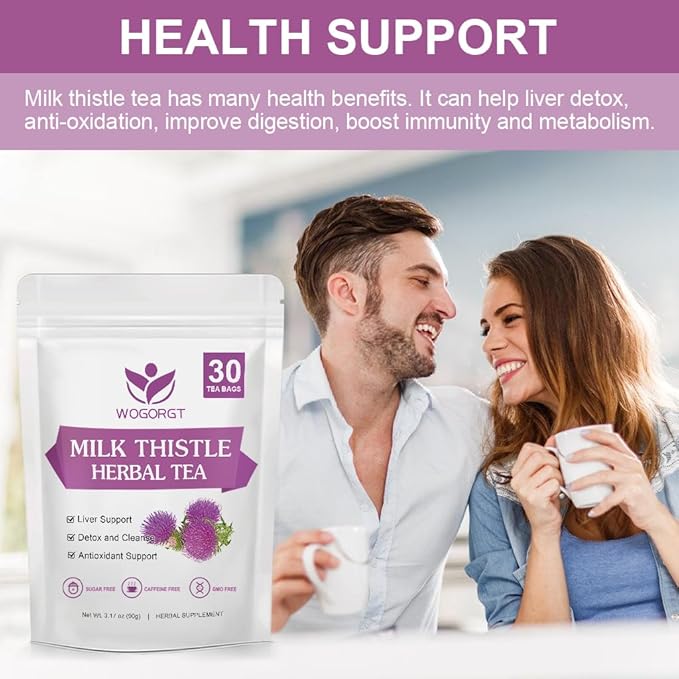 WOGORGT Dried Milk Thistle Tea - Organic Milk Thistle Herbal Tea for Liver Cleanse, Antioxidant and Immune Support, Caffeine Free - 30 Tea Bags