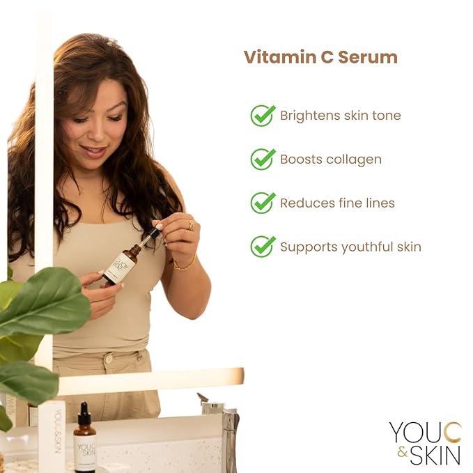 You C & Skin Vitamin C Serum for Face & Neck for Men & Women - Anti-Oxidant Rich, Collagen Boosting, Repairs & Protects against Sun Damage