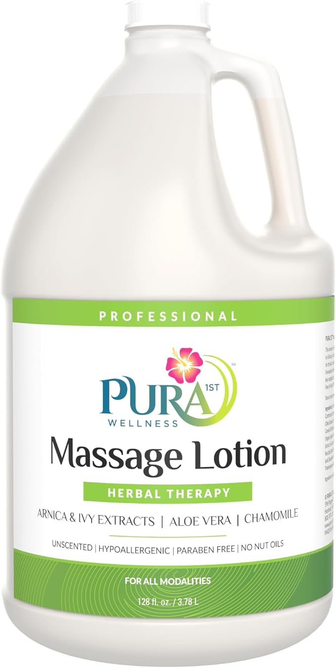 Herbal Massage Lotion, Hypoallergenic Formula for Muscle Relief, Professional Deep Tissue Therapy, Pura Wellness Herbal Lotion, Unscented Massage Lotion for Physical Therapy Recovery, 128oz