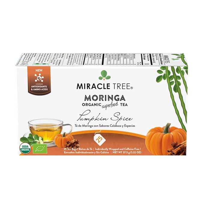 Miracle Tree - Organic Moringa Superfood Tea, 25 Individually Sealed Tea Bags, Pumpkin Spice (Keto/Paleo, Immune Support, Energy & Immunity Booster, Vegan, Gluten-Free, Certified Organic, Non-GMO, Antioxidant, Caffeine-Free)
