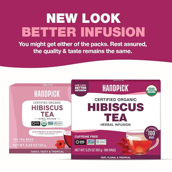 HANDPICK, Organic Hibiscus Tea Bags (100 Tea Bags) | Caffeine-Free, 100% Natural Pure Indian Hibiscus Flowers | Ayurvedic Benefits in every sip