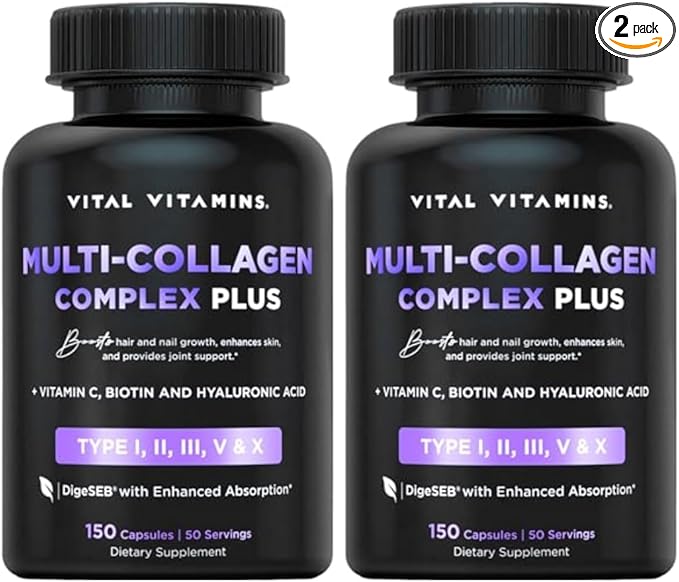 Vital Vitamins Multi Collagen Plus (2-Pack) - with Biotin, Hyaluronic Acid, Vitamin C - Type I, II, III, V, X - for Women & Men - Hair, Skin, Nails Beauty Complex - 300 Capsules