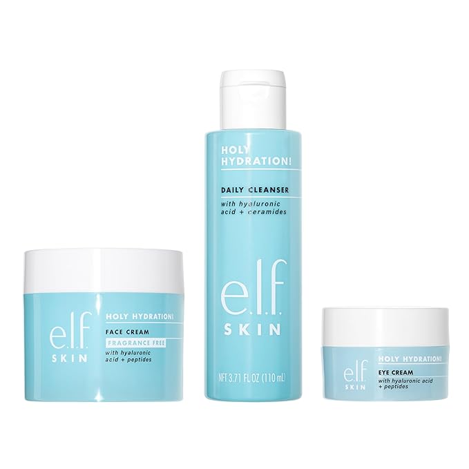 e.l.f. SKIN Holy Hydration! Trio, Set of 3, Includes Fragrance Free Face Cream, Daily Cleanser & Eye Cream