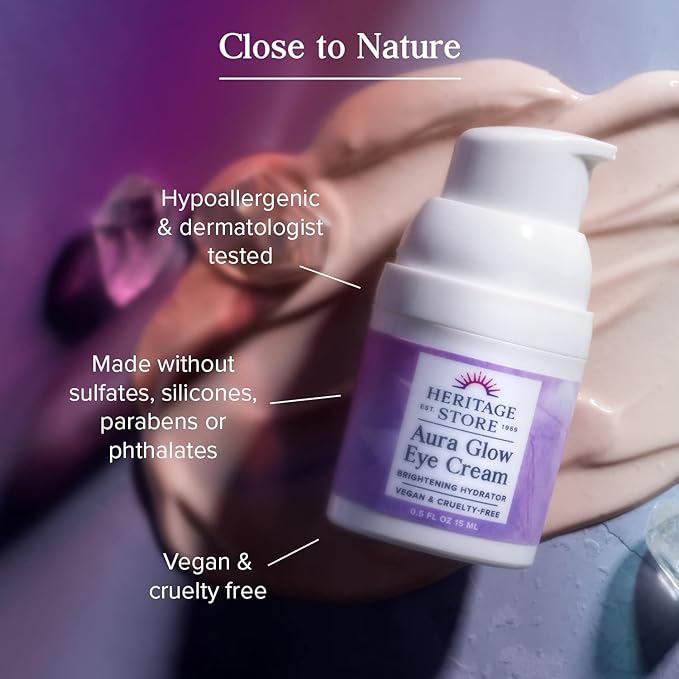 HERITAGE STORE Aura Glow Eye Cream, Under Eye Brightener & Hydrator, Minimizes look of Puffiness, Dark Circles, Fine Lines & Wrinkles w/Bakuchiol, Hyaluronic Acid, Kelp & Clear Quartz, Vegan, 0.5oz