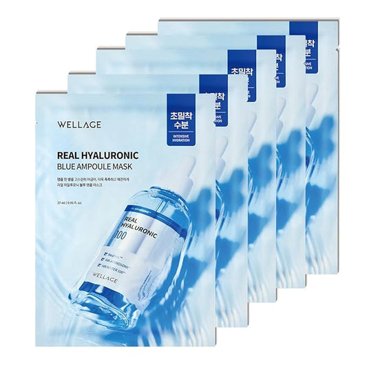 wellage Real Hyaluronic Blue Ampoule Face Mask - Korean Hydratig Mask Moisture Boost with 10,000ppm Ultra-Low Molecular Hyaluronic Acid - Soft Vegan Cashmere Sheet for Sensitive Skin, 5 Sheets