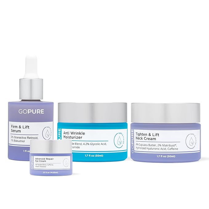 goPure Ultimate Firming Set - Skincare Routine for Firmer-Looking Skin, 4 Piece Set Includes Tightening Neck Cream, Hydrating Eye Cream, Anti-Aging Moisturizer and Firming Retinol Serum