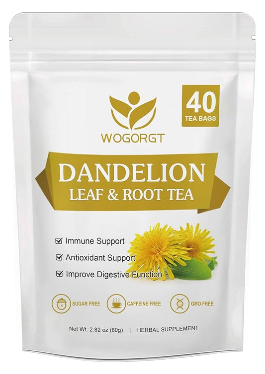 Dried Dandelion Leaf & Root Tea - Natural Dandelion Herbal Tea for Liver Support, Antioxidant, Digestion and Immune Support, Caffeine Free - 40 Tea Bags