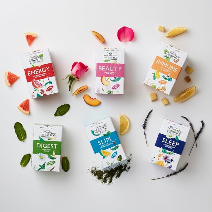 Ahmad Tea Natural Benefit Functional Tea Selection Pack | Green teas, Fruit & Herbal Infusions | Perfect herbal tea gift - 60 Teabag Sachets | 6 blends