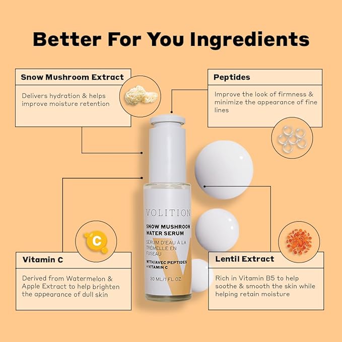 Volition Beauty Snow Mushroom Water Facial Serum - Hydrating Face Serum Improves Moisture Retention While Minimizing Look of Pores & Fine Lines (30ml / 1 fl oz)