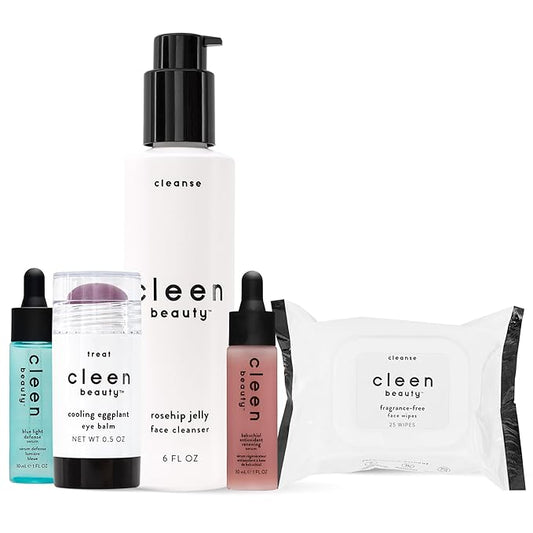 Cleen Beauty Everyday Essentials Skin Care Set | Blue Light Defense Serum + Cooling Eggplant Eye Balm + Rosehip Jelly Face Cleanser + Fragrance Free Face Wipes + Bakuchiol Antioxidant Renewing Serum