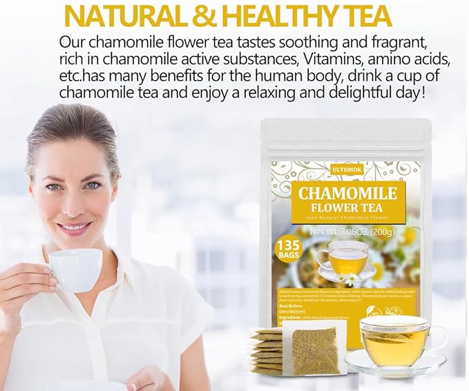 135 Premium Chamomile Tea Bags, Made with 100% Pure Natural Chamomile Flower, Caffeine Free & Non-GMO.