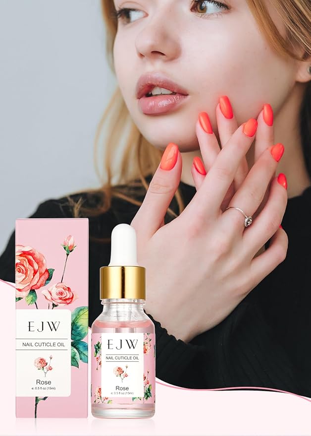 EJW Cuticle Oil for Nails, 1 Week Multi-Functional Care for Hands and Feet, Moisturizes & Strengthens Nails, Improves Hangnails & Dry Skin, Natural Ingredients, Rose