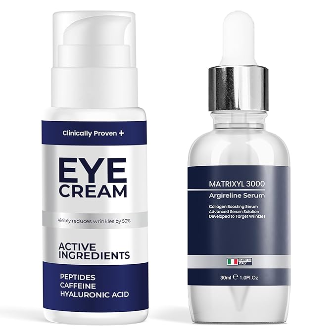 Under Eye Cream for Puffiness & Dark Circles + Argireline & Matrixyl 3000 Serum Bundle - Anti-Aging Eye Cream and Collagen-Boosting Face Serum for Fine Lines, Wrinkles, and Hydrated Skin
