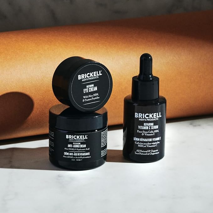 Brickell Men's Advanced Anti-Aging Routine, Night Face Cream, Vitamin C Facial Serum and Eye Cream, Natural and Organic, Unscented, Skin Care Gift Set