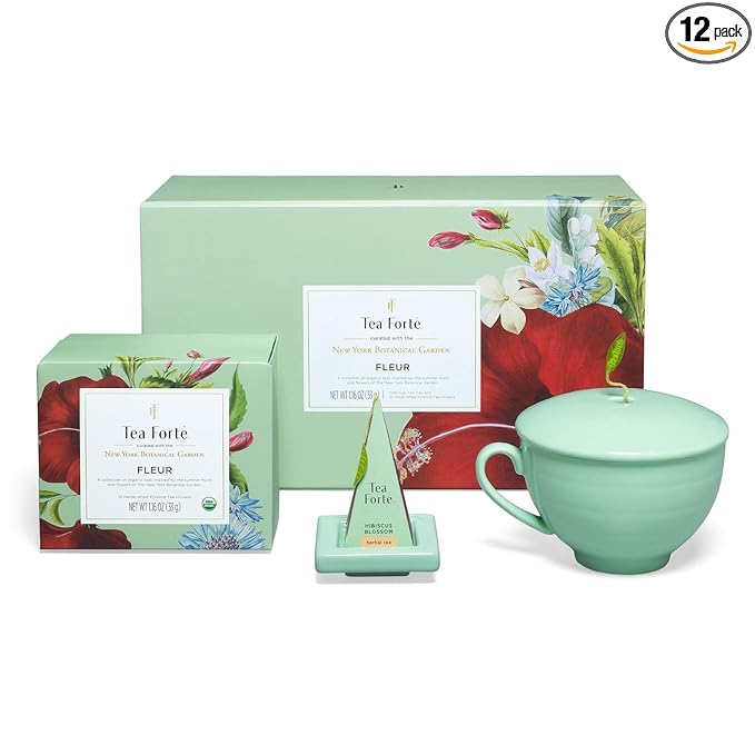 Tea Forte Fleur 3-Piece Mother's Day Tea Gift Set with Pale Mint Green Cafe Cup with Lid, Tea Tray and 10 Assorted 2 of Each Variety Organic Handcrafted Pyramid Infuser Tea Bags