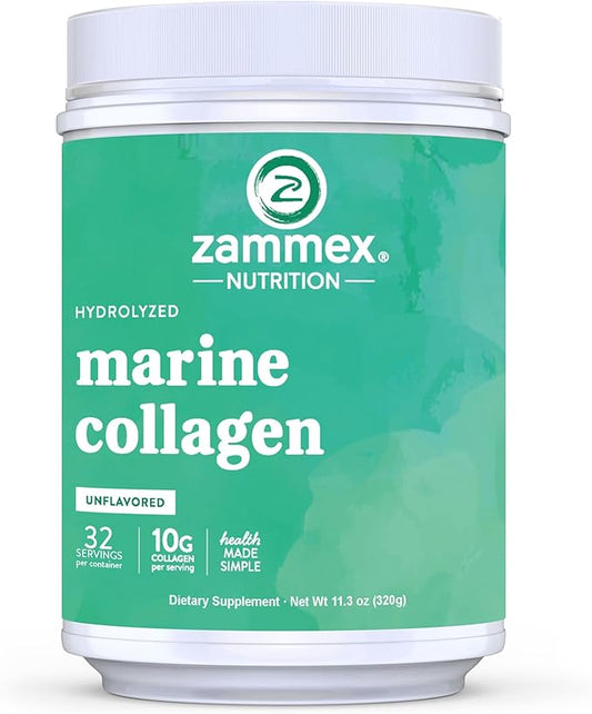 Zammex Marine Collagen Peptides Powder Unflavored, Wild-Caught Fish Collagen Powder, Supports Healthy Skin, Hair, Joints, Type 1 & 3 Collagen Supplement for Women - Easy to Mix. (32 Servings)