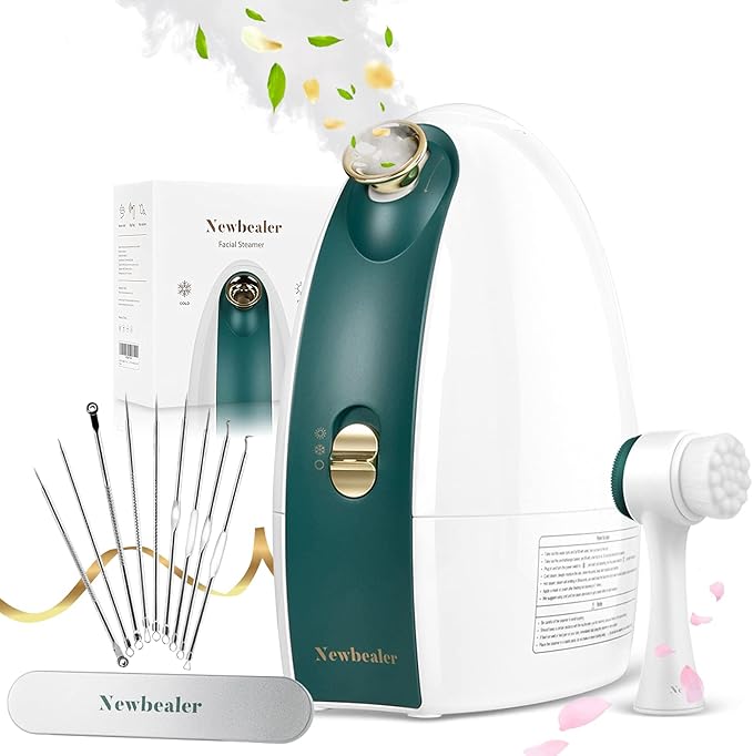 Newbealer Facial Steamer, 3in1 Aromatherapy Face Humidifier, 20 Min Hot & 60 Min Cold Nano Ionic Steam, 180ml Sinuses Moisturizing Cleansing Pores, Bonus 9-Piece Blackhead Remover Kit and Face Brush